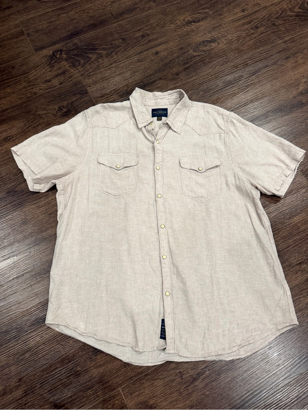 Lucky Brand Men’s Beige Linen Blend Pearl Snap Button Down Camp Shirt size L